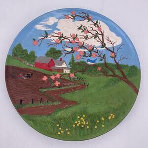 Hand Painted 3D Ceramic Plate 13 inch Farm Flowers Tree Country Byron Molds 1972